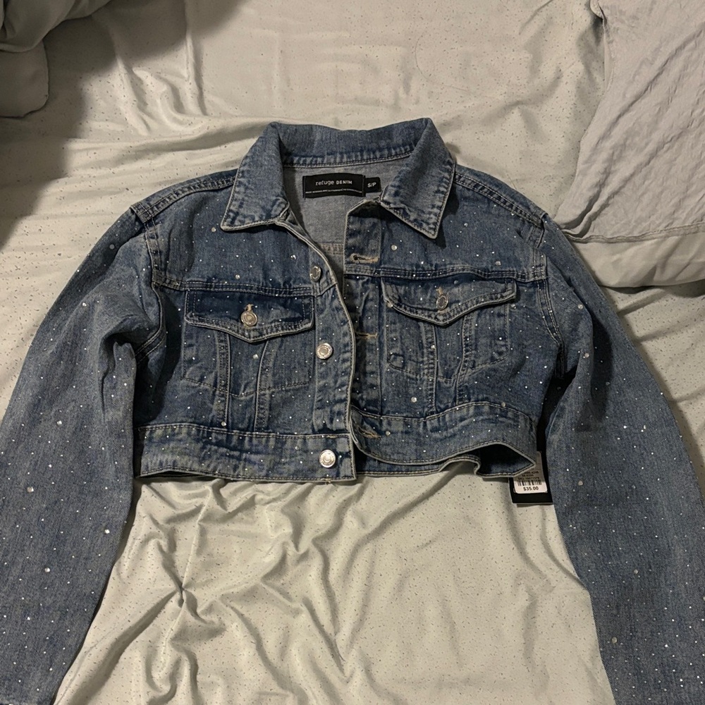 Refuge denim Medium wash Cropped Denim Jacket with rhinestone Details(NWT)